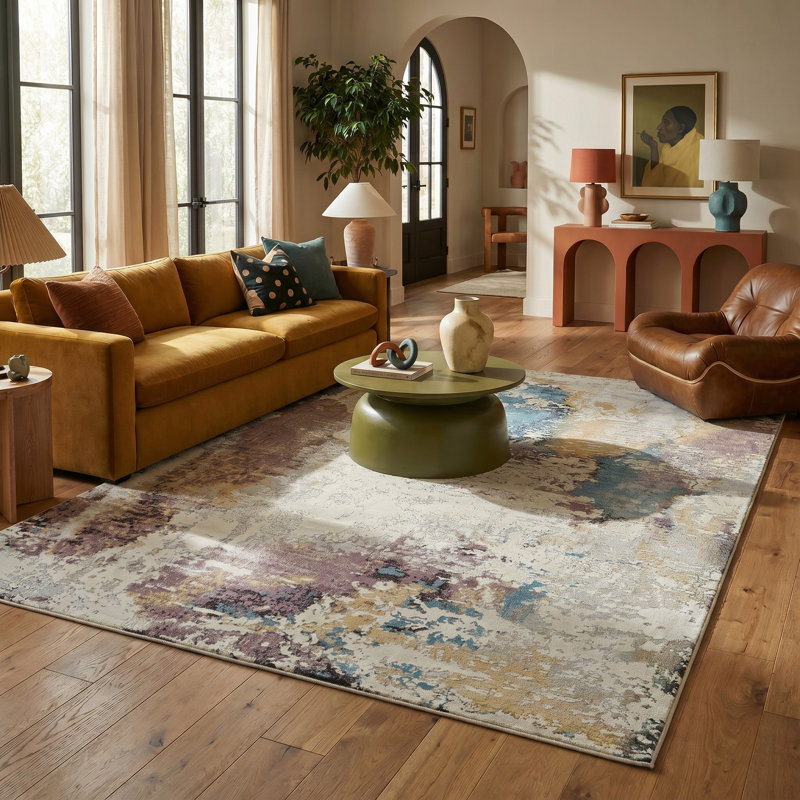 Rug Branch Sola 8' x 11' (7'10" x 10'10") Beige/Blue Disressed Abstract Indoor Area Rug, Contemporary, Medium Pile, Stain-Resistant Carpet - Living Room, Bedroom, Dining Room, and Kitchen