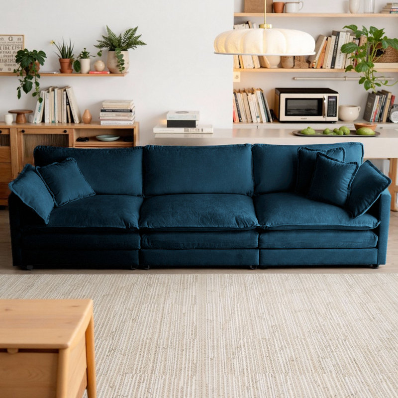Canapé de style Mid-Century rembourré en chenille avec 5 coussins décoratifs, conception modulaire pour le salon, 3, Bleu