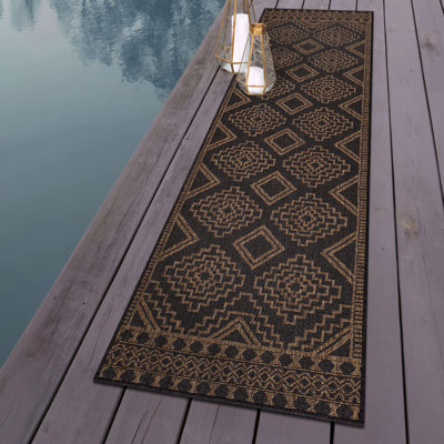 Geometric Border Dark Gray/Natural Easy-Care Jute-Style Indoor/Outdoor Flat Woven Area Rug