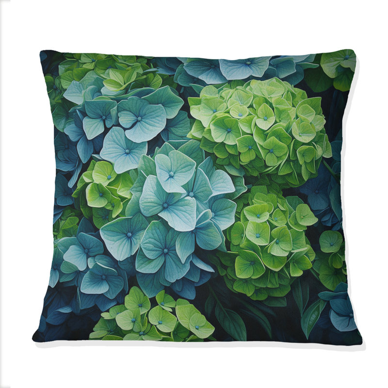 Green Blue Hydrangea Emerald Blooms - Hydrangea Printed Throw Pillow