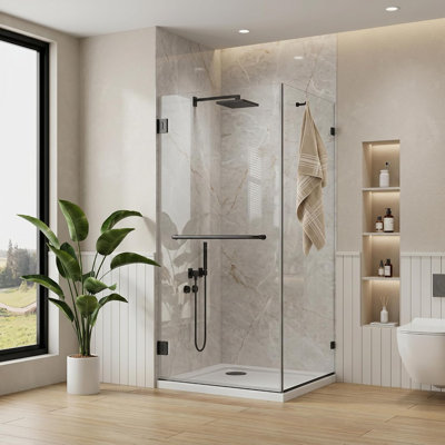 Porte de douche pivotante en verre à fermeture en douceur de 30 po x P 30 po x H 74 po, verre trempé transparent de 3/8 po (10 mm), porte de douche battante à charnière avec porte-serviettes et crochet, revêtement double face, noir