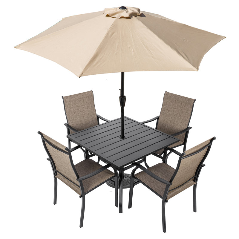 Ensemble complet de patio 7 pièces avec parasol inclinable de 9 pieds, base remplie de ciment, table carrée et 4 chaises en textilène