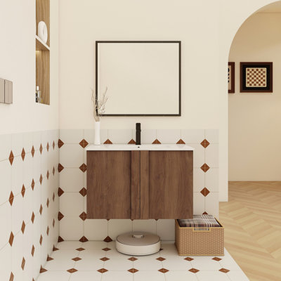 Meuble-lavabo mural 30 po avec lavabo combiné, meuble-lavabo flottant en ébène brun, portes à fermeture en douceur, conception moderne pour les petites et moyennes salles de bain