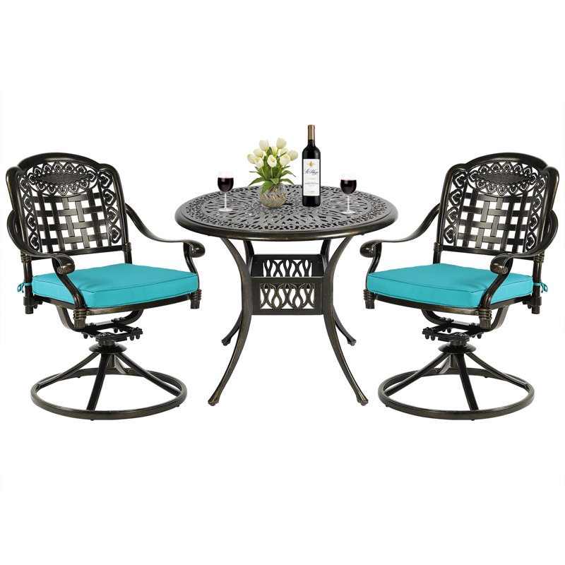 Ensemble de salle à manger rond en aluminium avec coussins 35,4 po, Bleu océan