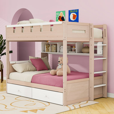 Lit superposé à deux tiroirs en bois avec bande lumineuse et tablettes de rangement