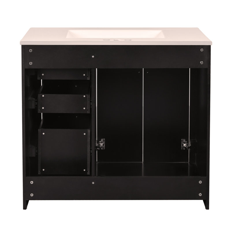 Meuble-lavabo 36 po avec lavabo en céramique, structure en bois massif, 3 tiroirs et portes à fermeture en douceur pour un grand rangement