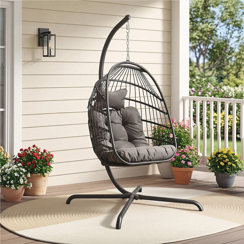 Balancelle d'intérieur rembourrée en osier avec support PE pour salon / chambre à coucher, Gris foncé