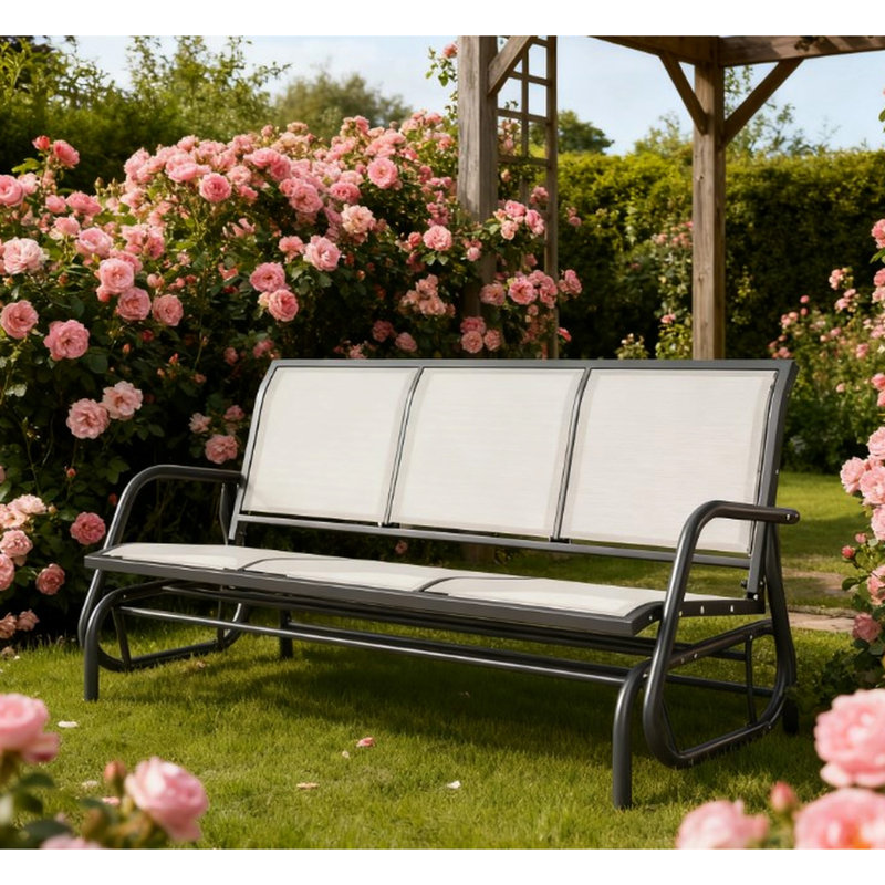 Banc oscillant d'extérieur pour 3 personnes, siège en filet respirant, structure en acier thermolaqué, gris, idéal pour un filet en bord de piscine, un coffre-fort en métal et une évasion coulissante confortable