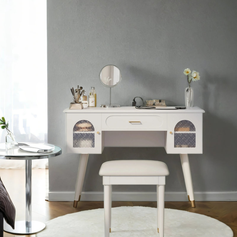 Vanity Makeup Table Chair Set, Modern Dressing Desk, Organizer, Charging Port, White