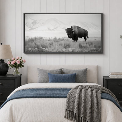 Cow " Monochrome Bison in the Plains Rustic Retro Art Decor Extra Large Artwork Pictures " Print