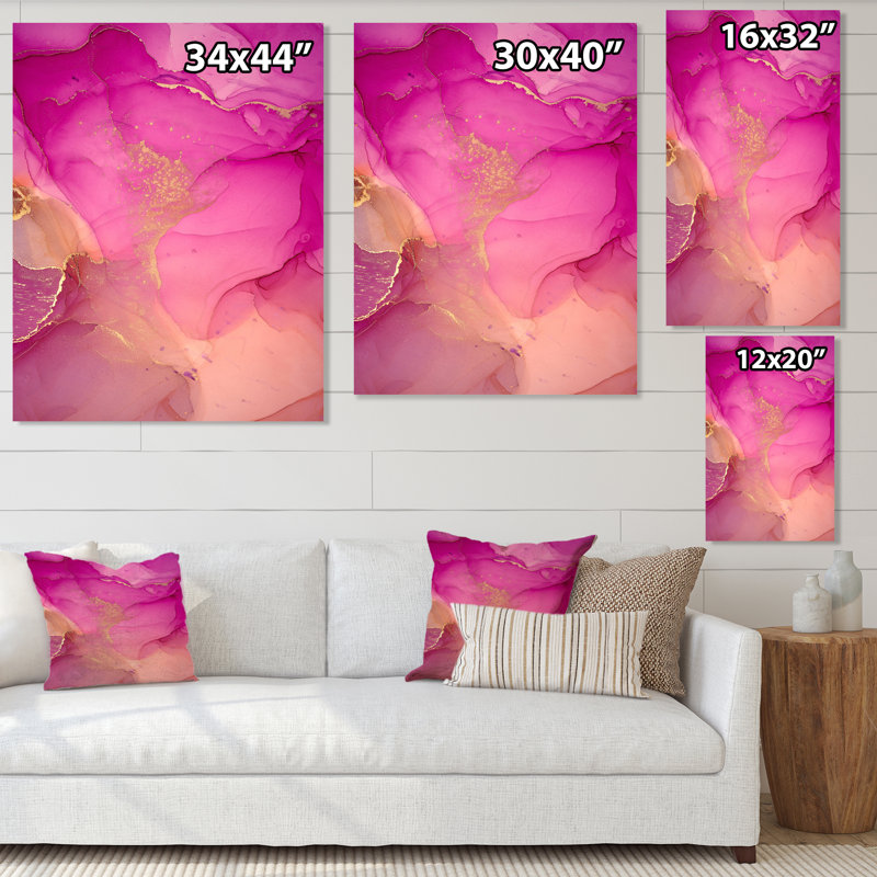 «Pink and Gold Ink Clouds», peinture sur toile, H 20 po x l 12 po x P 1 po, Toile tendue