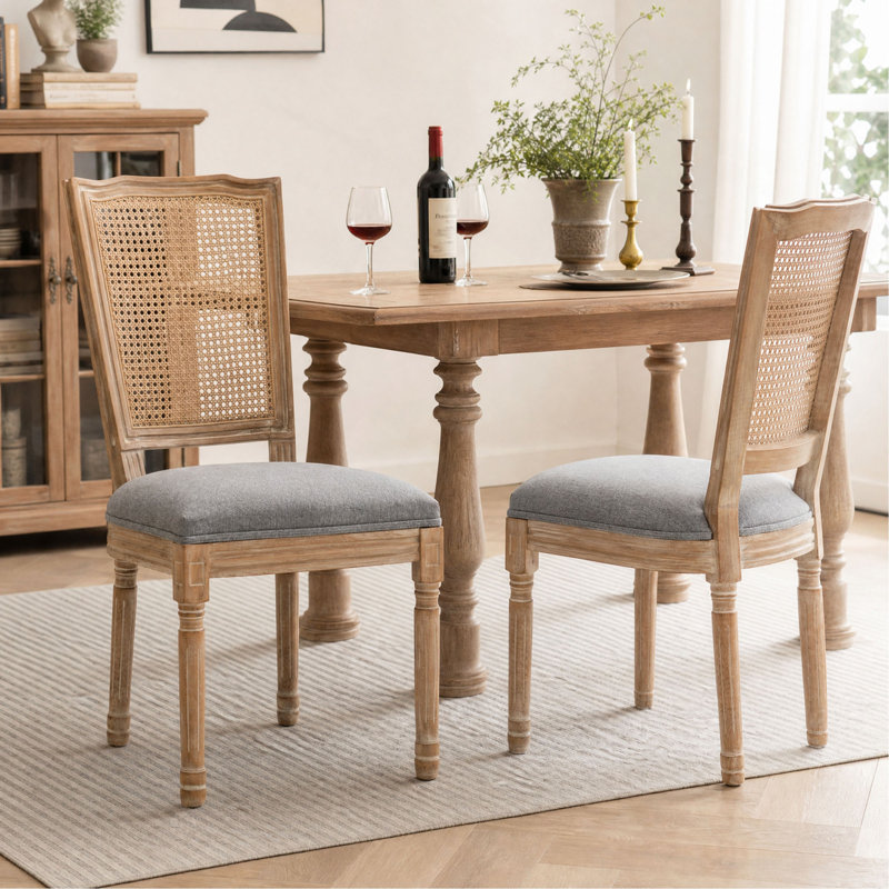 Chaises de salle à manger de style campagnard, structure robuste, siège rembourré en lin et dossier en rotin tressé, pour la cuisine, la salle à manger ou le salon. Paquet de 2.