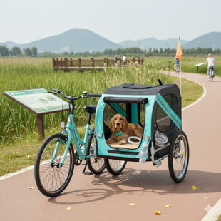 Bicycle Cart for Transporting Small to Medium Pets, Showcases an Effortlessly Foldable Frame, Wheels with a Quick-Release Mechanism, a Floor Resistant to Slipping, and a Securing Interior Leash