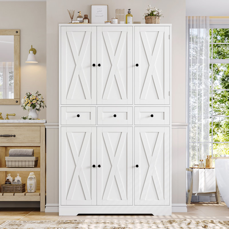 Armoire de salle de bain autoportante avec 6 portes et l 42,5 po x H 66,9 po, Blanc