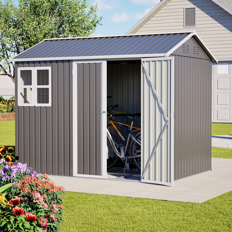 [8x6 FT] Outdoor Heavy Duty Metal Storage Shed with Window, Lock, 4 Air Vents & Sturdy Base for Backyard, Patio, Lawn Equipment, Pets & Garbage Storage