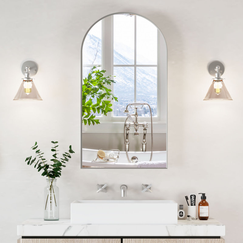 Raygen Arched Bathroom Cabinet, Wall Mounted Storage with Adjustable Shelves, Silver, 90cm H x 50.3cm W x 12.5cm D