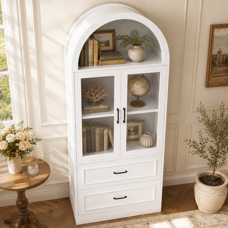 Grande armoire de rangement arquée avec portes en verre, vitrine noire moderne avec 2 grands tiroirs, charnières à fermeture douce, armoire d'appoint minimaliste pour salon, salle à manger, bureau