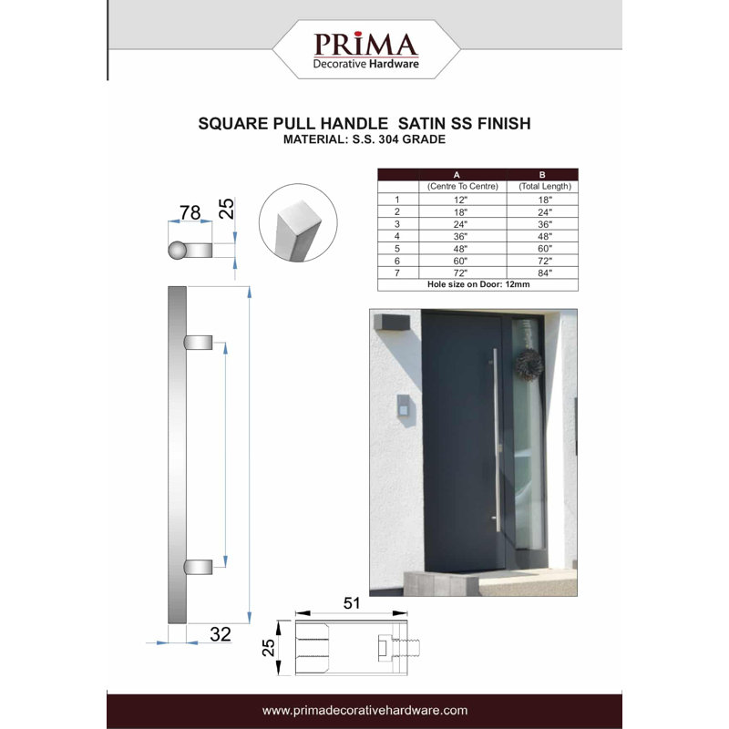 Poignée de porte longue, poignée d'entrée en forme de «H» carrée, acier inoxydable 304, H 24 po x l 3,35 po x P 3,35 po