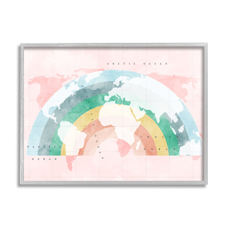 World Map with Modern Rainbow Art, 24'' H x 30'' W x 1.5'' D, Farmhouse Grey Framed Giclee