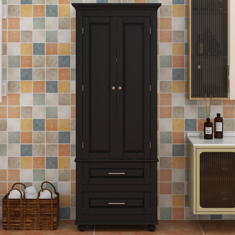 Tall Storage Cabinet With Two Drawers, Freestanding Multifunctional Bathroom Cabinet With Adjustable Shelf, Anti-Tipping Device