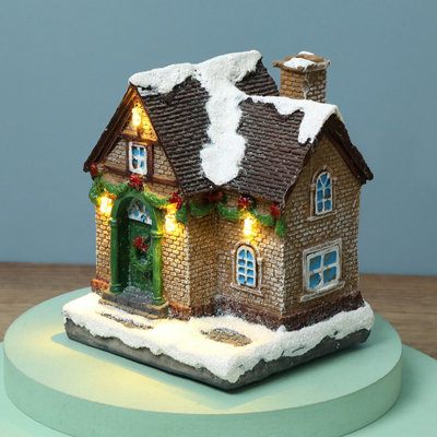 LED Lighted Christmas Village House, Log Cabin Tabletop Display, Snowy Christmas Village Building, Christmas House Decor Garden Landscape for Bedroom,Brown