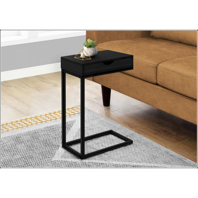 Table d'appoint en forme de C avec tiroir de rangement, design moderne pour le salon et la chambre à coucher, stratifié noir et structure en métal