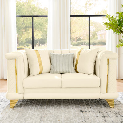 Beige, luxe, 69 pouces, moderne Mid-Century, victorien, velours, finitions dorées, motif brodé, salon, coussins, accoudoirs roulés, cadre en bois beige moderne victorien avec acier inoxydable