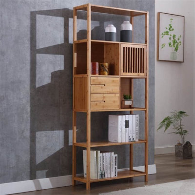Pemberly Row Right Facing Bamboo Cabinet Bookcase with Shelves in Natural