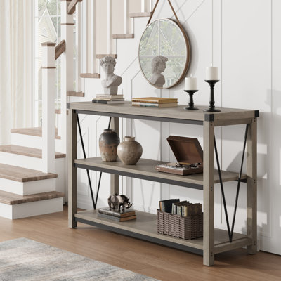 Narrow Farmhouse Console Table with Storage – 47 Inch 3-Tier Wooden Sofa Table for Entryway, Living Room, Hallway, or Behind Couch – Space-Saving Accent Furniture, Grey
