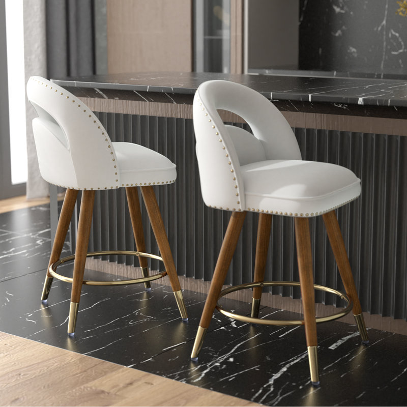 Kokitus Counter Height Bar Stools, 24 Inch Swivel Bar Stools with Backs&Solid Wood Legs, 2, White/Gold