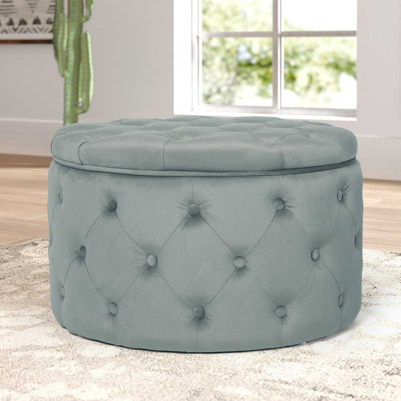 Gray Velvet Tufted Round Storage Ottoman