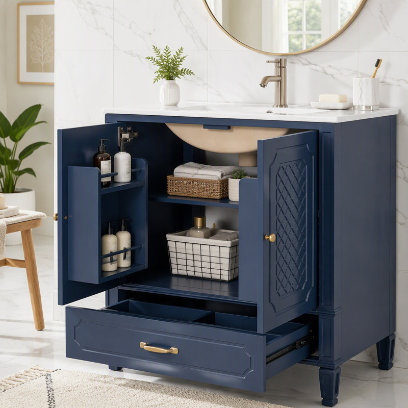 Meuble-lavabo de salle de bain avec lavabo style rétro, Bleu