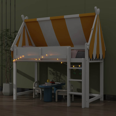 House Loft Bed Featuring Canopy, LED String Lights & Front Bookshelf Display, Wooden Loft Bed With Underneath Open Space