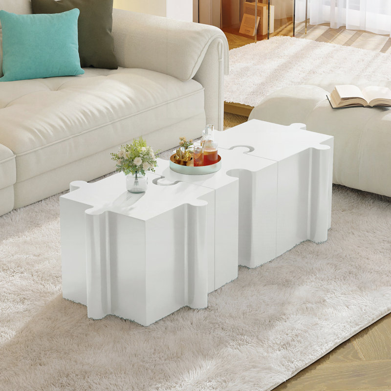 3-Piece Artistic Puzzle Table Set,Modular MGO Side Tables With Interlocking Design (2 Convex & 1 Concave), White