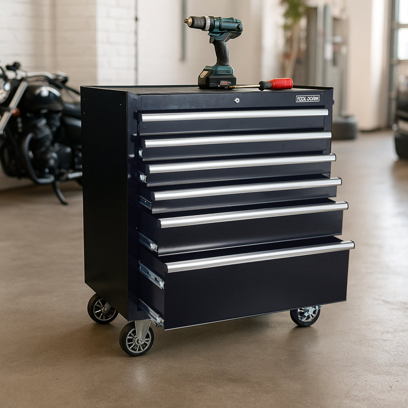 Tool Chest, 6 Drawers Rolling Tool Cabinet, Lockable Wheels, Ball Bearing Sliders, Black Powder Coating, Metal Tool Storage Cart, Suitable For Garage, Warehouse, Workshop