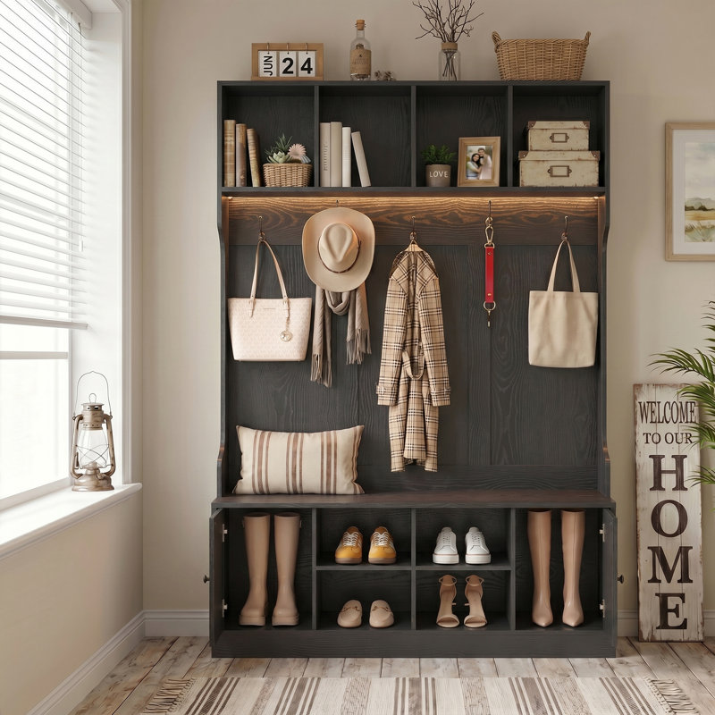 Extra Large Hall Tree with Bench and Shoe Storage, Multi-Purpose Entryway Bench with Coat Rack, 5 Double Hooks and 8 Open Compartments