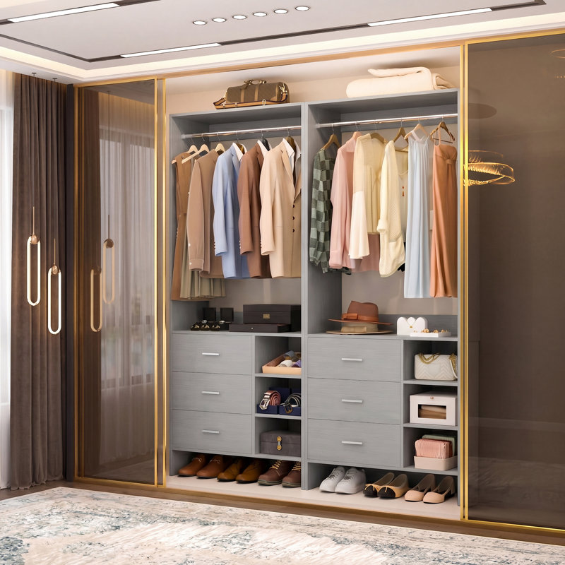 5ft Closet System with Wooden Drawers and Hanging Rods, Gray