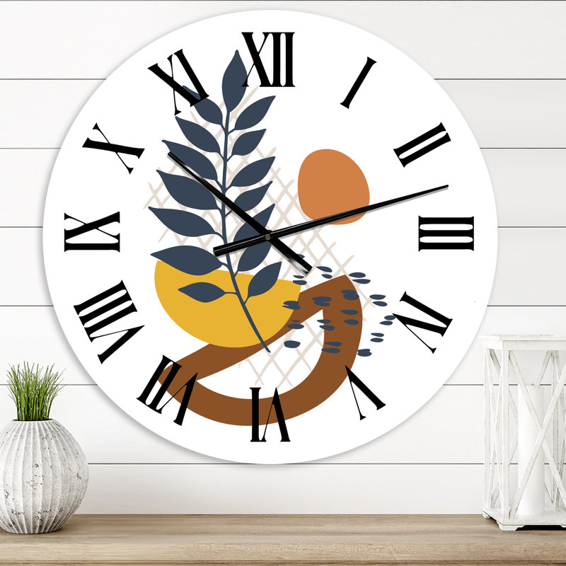 Forme élémentaire avec feuilles abstraites - horloge murale moderne, Très petit