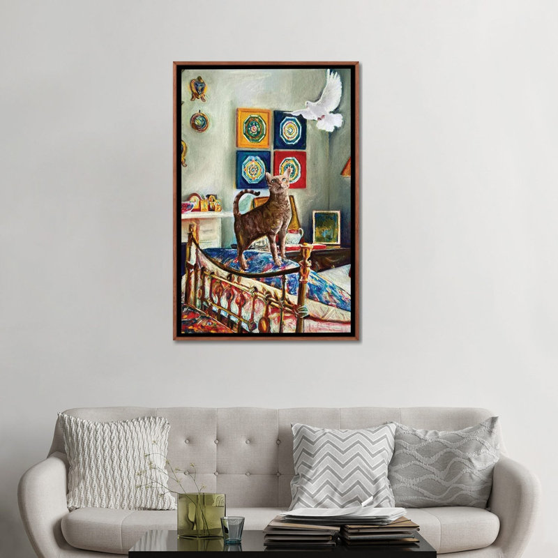 Chaton et la colombe - reproduction d'art murale - toile encadrée, 48 po x 32 po, Toile avec cadre, Brun