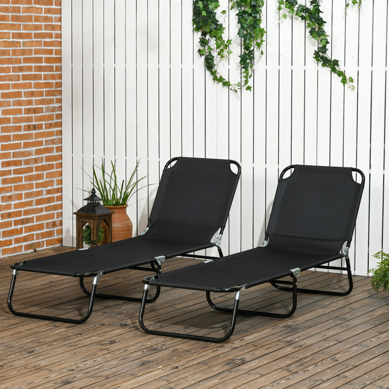 Chaises longues pliantes pour l'extérieur, dossier inclinable à 5 niveaux, chaise longue à structure en acier pour la plage, cour, patio, chaises de piscine noires 2 pièces, avec inclinaison, bronzage,