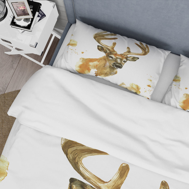 Portrait of Deer With Big Horns - Ensemble de housse de couette Farmhouse - Microfibre de polyester