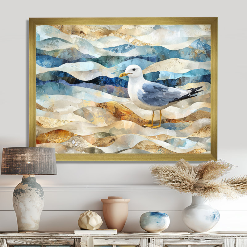 Hargis Coastal Seagull The Watchful Gull I - Seagull Wall Art Decor, 34" H x 44" W, Single Picture Framed Print, Gold
