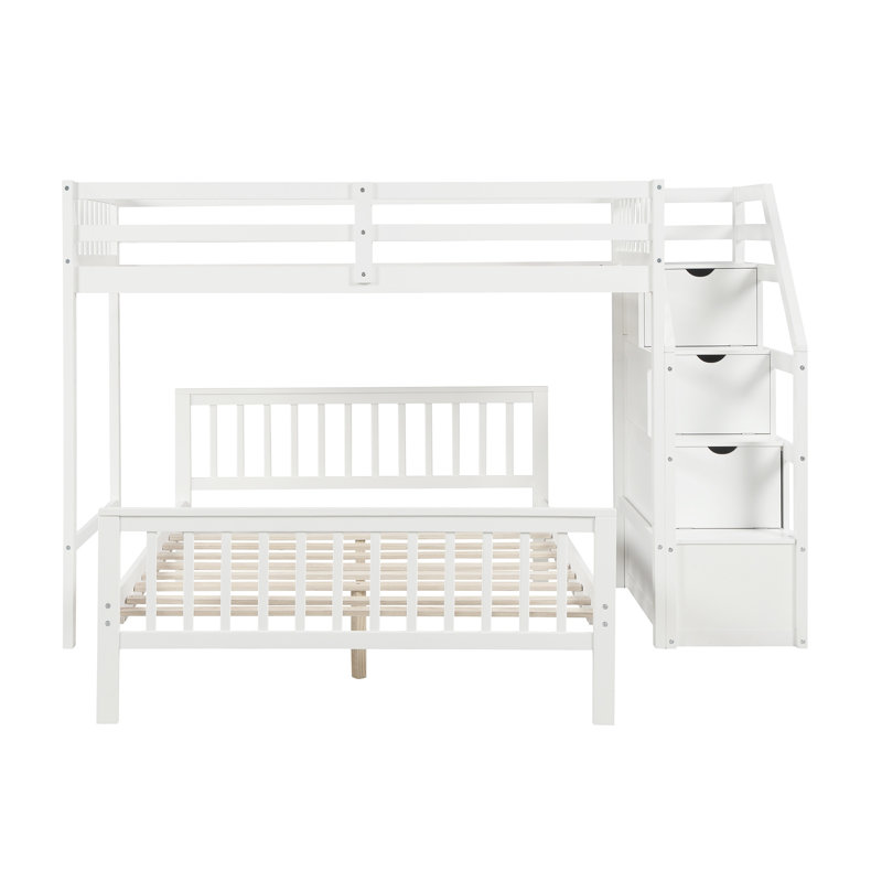 Lit mezzanine simple au-dessus de double avec escalier de rangement, lit superposé en bois de pin massif avec échelle réversible et garde-corps blancs