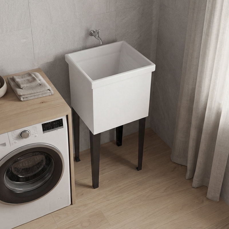 Évier de buanderie autoportant et compact en plastique Bari avec quatre pieds, cuve utilitaire pour salle de lavage, garage ou cuisine