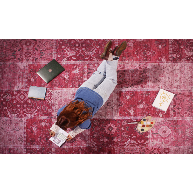 Tapis intérieur patchwork en polyester tissé à la machine, Rouge, 3 pi 11 po x 5 pi 7 po