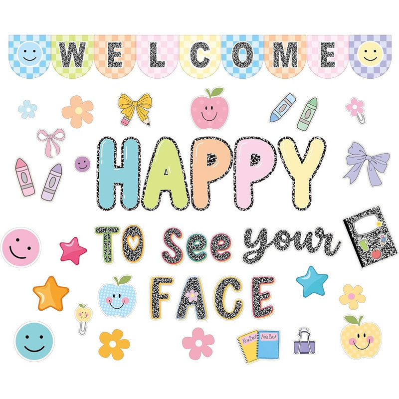 Welcome Back To School Babillard Décorations - Cahier à thème «Happy To See Your Face», ensemble de décorations de classe «Smile Face»