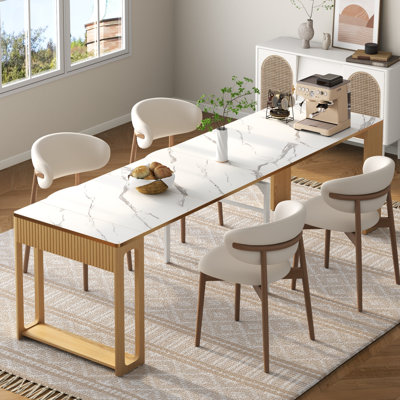 17"-112" Extendable Dining Room Table for 2-8 People, White Faux Marble Space Saving Dining Table (No Chairs)