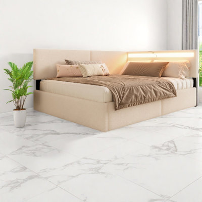 Lit double avec rangement, polaire beige, cadre en bois, style nuage moderne pour la maison