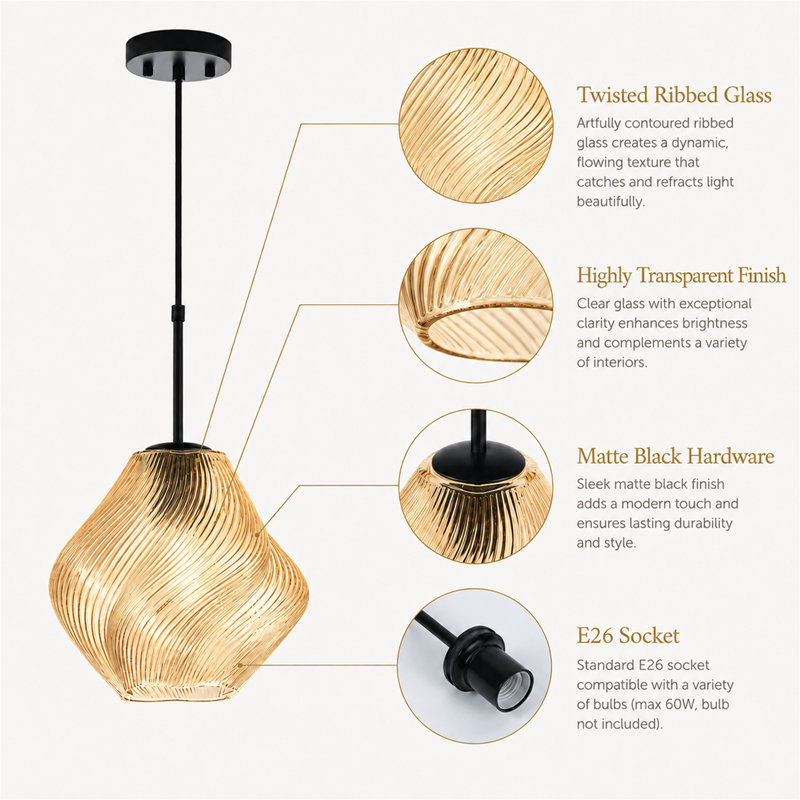 Emiliani 1-Light Twisted Geometric Glass Pendant Light for Kitchen Island, Amber, Amber