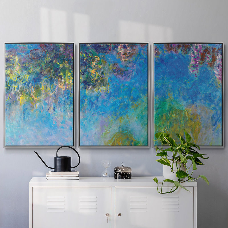 "Wisteria", peinture sur toile 3 pièces, H 36 po x l 75 po, Encadrement argenté